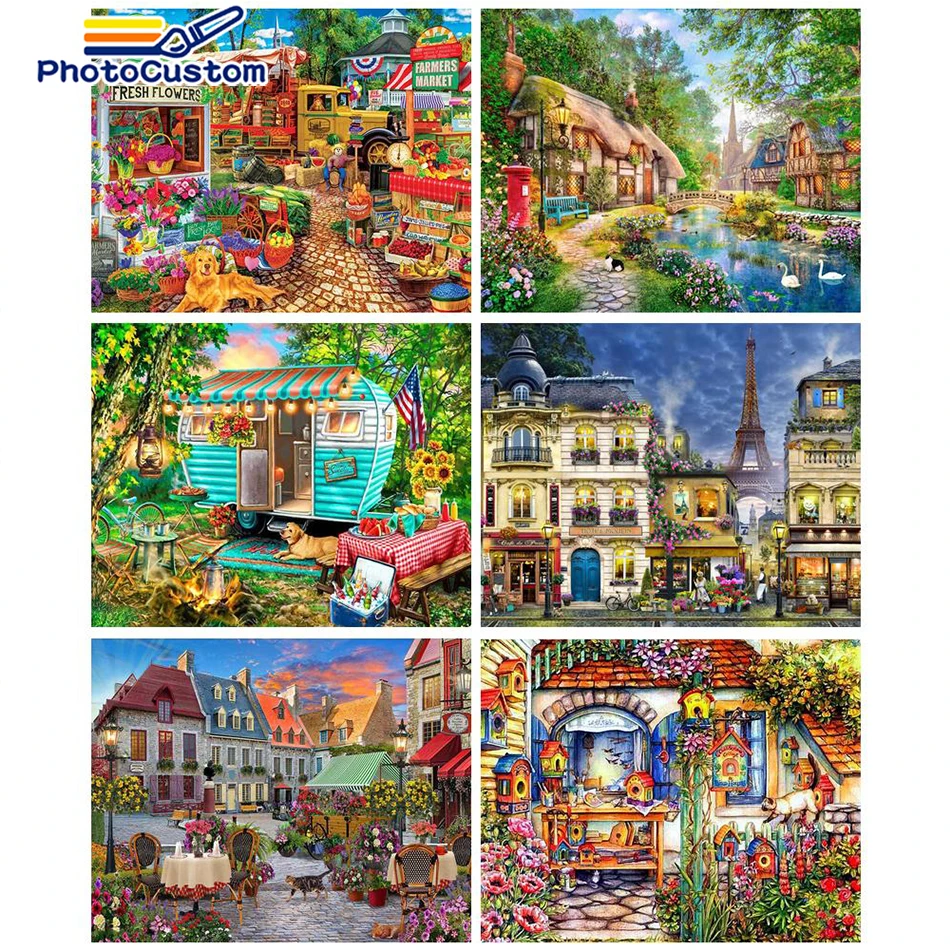 

PhotoCustom 60x75cm Painting By Numbers Town Landscape On Canvas Acrylic Paints Drawing DIY Kits Pictures Of Coloring By Number