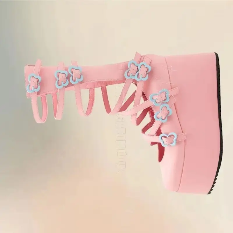 

Pink Hollow Design Buckle Platform Boots Back Zipper Women Shoes Wedges Heel Round Toe Party Banquet 2026 Zapatos Para Mujere