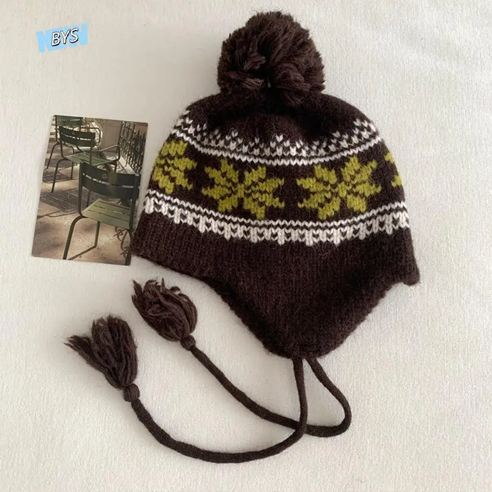 

Sweet Korean Style Knitted Pullover Hat Wool Warm Jacquard Woolen Hat Vintage Retro Beanies Cap Outdoor