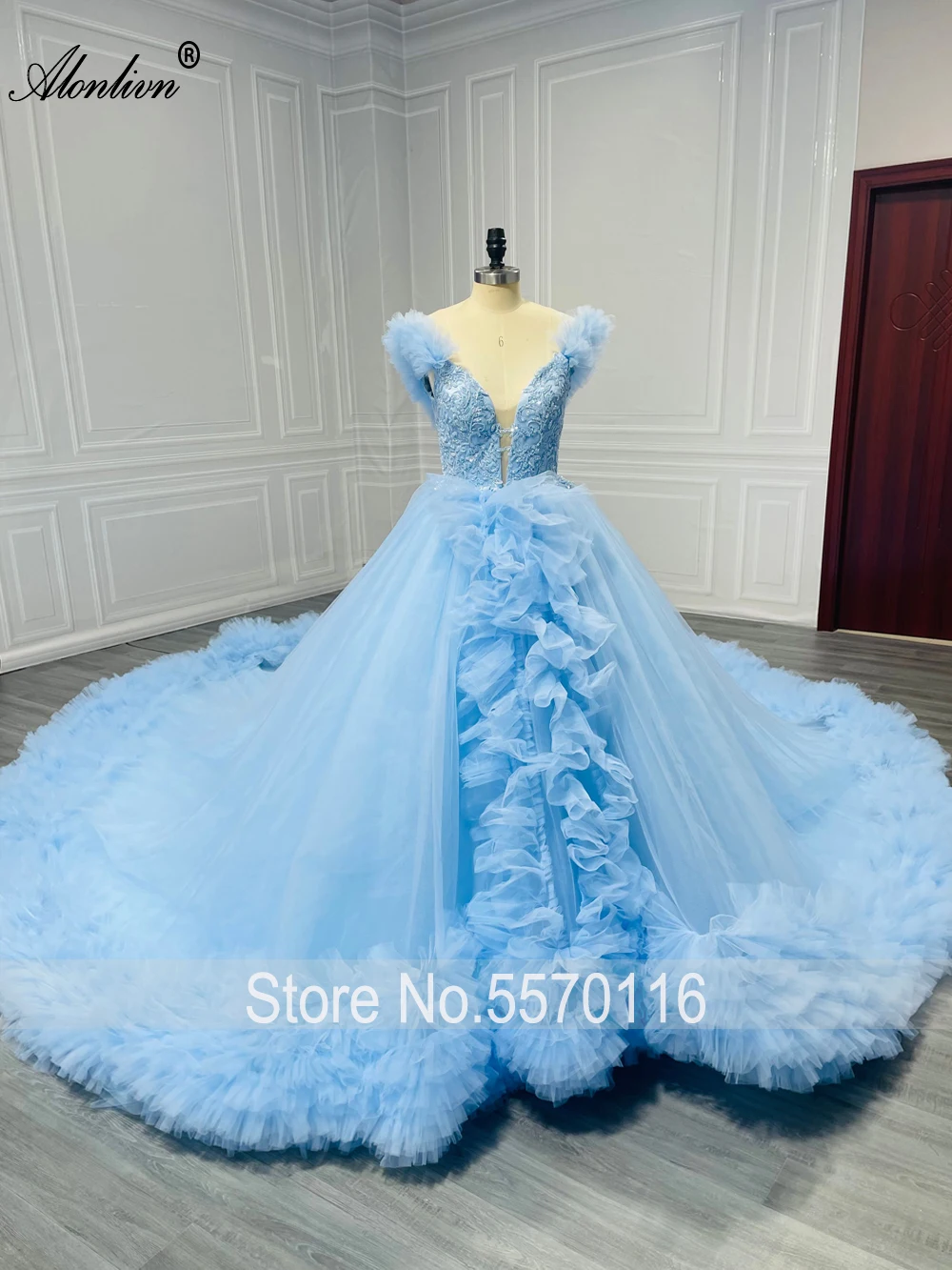 Alonlivn Customize Made Real Pictures Luxury Ball Gown Wedding Dress With Tiered 2 Meters Long Train