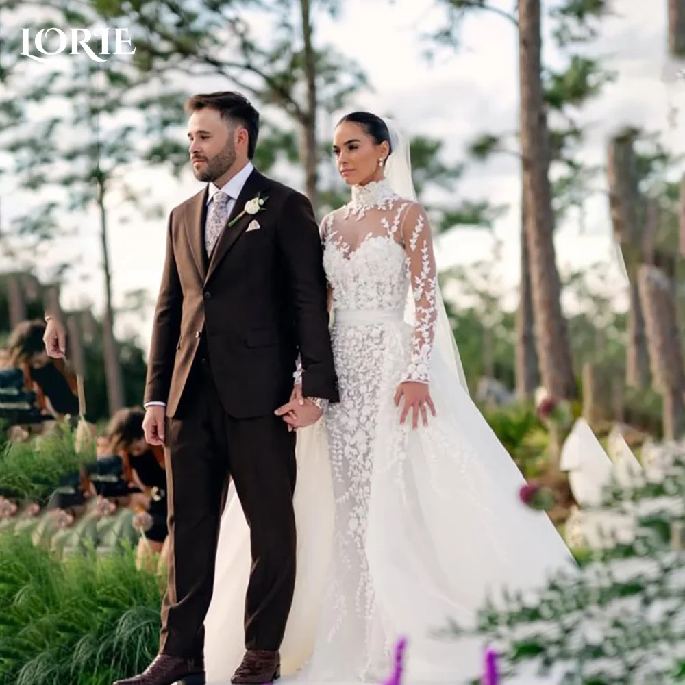 

LORIE Vintage Lace Wedding Dress A-Line Appliques High Collar Flowers Bridal Gown Elegant Princess Applique Bride GownCustomized
