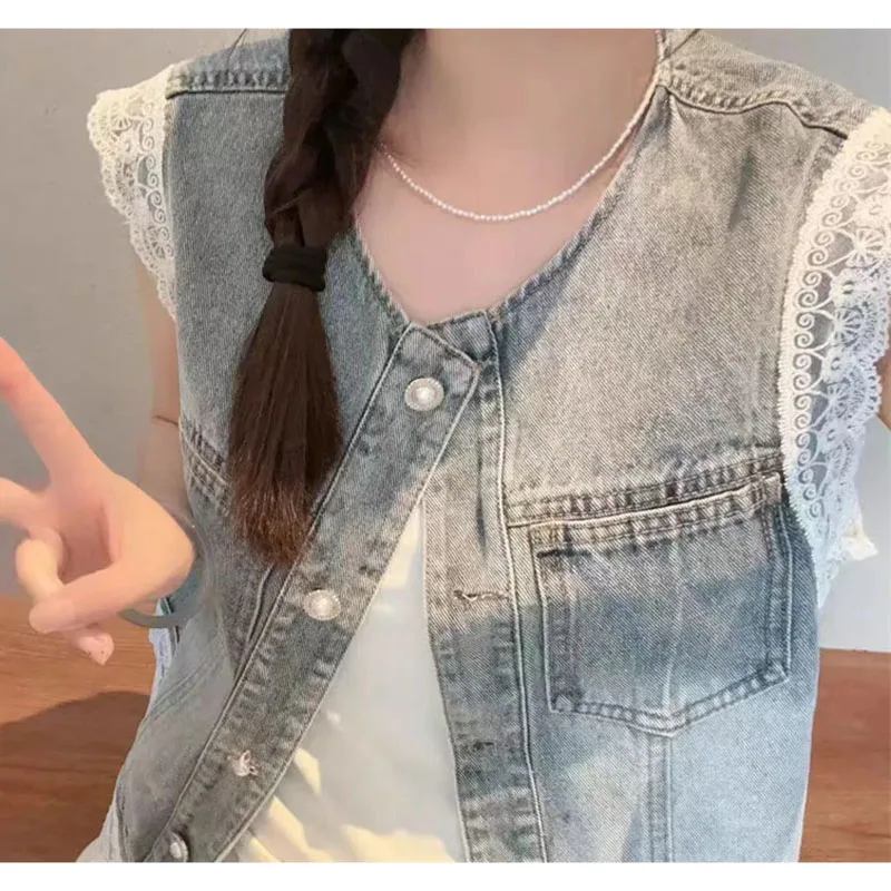 

Lace Stitching Denim Vest Coat Women Spring Summer 2025 New Design Sense Cowboy Jacket Short Waistcoat Outwear Female Blouse Top