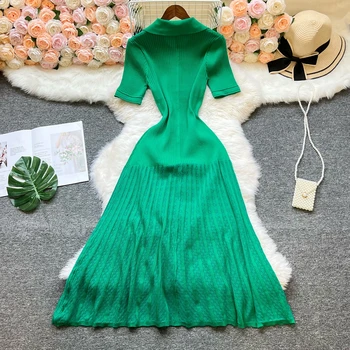 YuooMuoo Brand Fashion Vintage Turn-down Collar Knit Maxi Dress Elegant Single-breasted A-line Long Shirt Dress Lady Vestidos 6