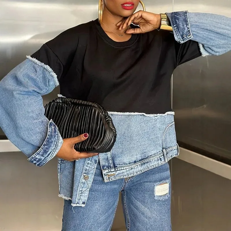 2026 ربيع الخريف المرقعة الدنيم البلوز القمم موضة كم طويل س الرقبة الشارع الشهير بلوزات المرأة بلوزة أنيقة سيدة