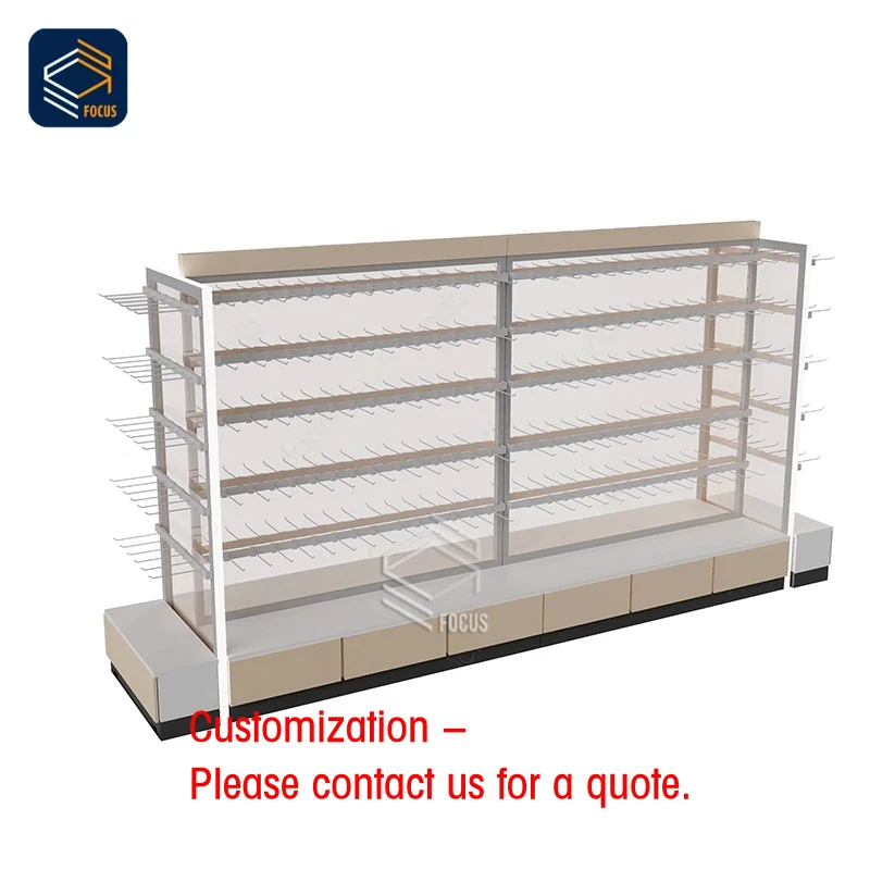 custom.Adjustable Multi-Level Retail Display Unit White Frame Glass Shelves Beige Storage Drawers Display Rack