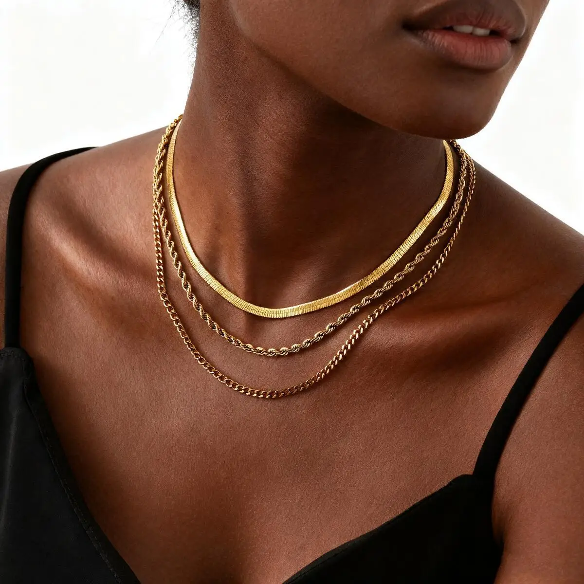 Layered Gold Plated Necklaces Non Tarnish, Herringbone/snake/rope/figaro Link Chain for Women, Waterproof Choker Necklace