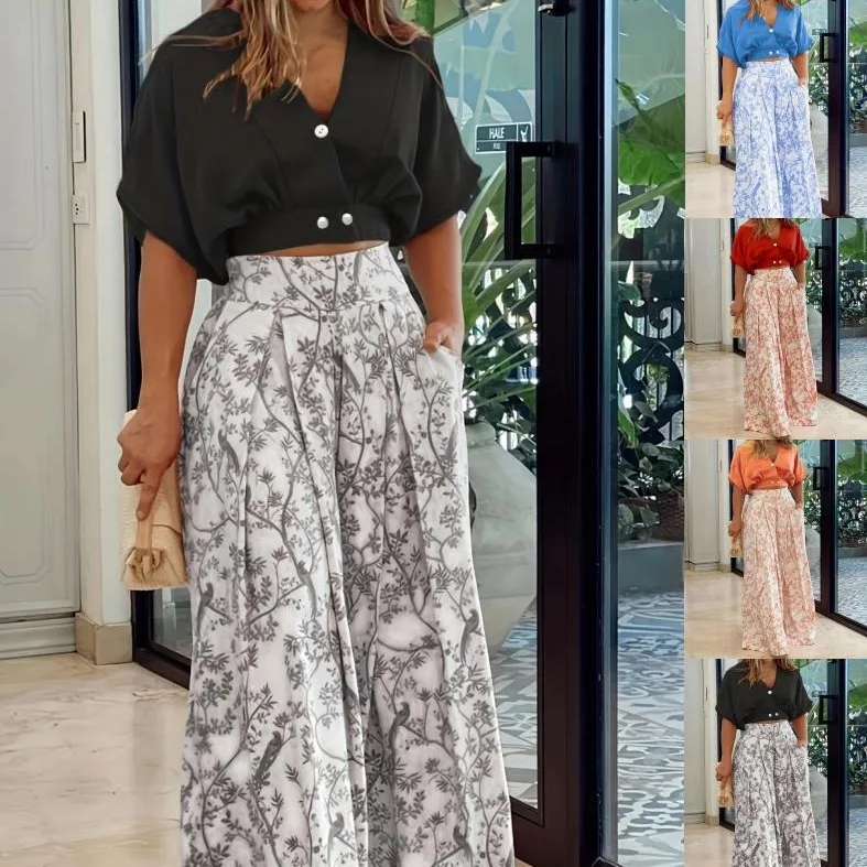 

Женские комплекты брюк, рубашки из двух предметов, короткие топы с v-образным вырезом и пуговицами, брюки с высокой талией и принтом, широкие брюки с карманами, повседневные элегантные брюки 2025