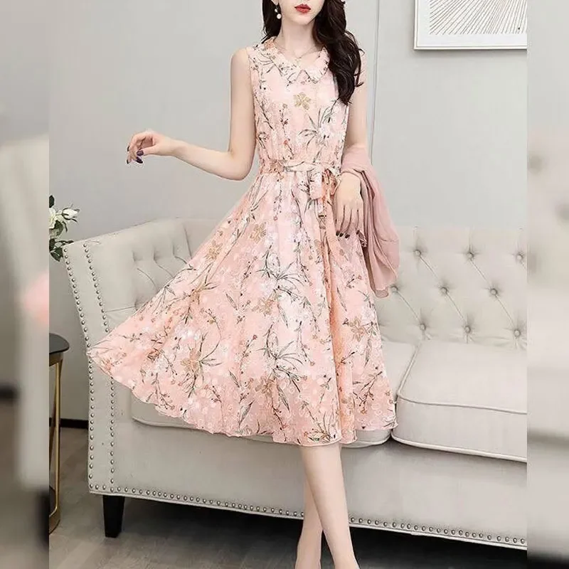 Beach Style Lapel Stylish Floral Printed Midi Matching Sets Bow Summer Two Piece Set Chiffon Female Bandage Bow Dress Sets E3499