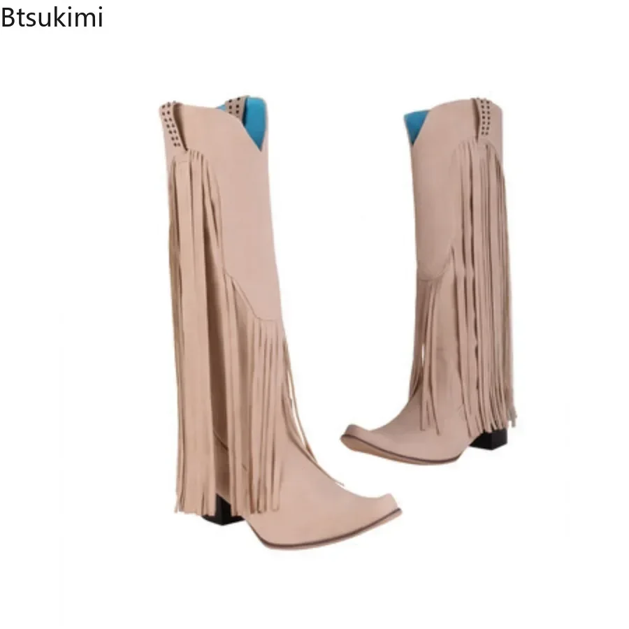 New Women's Large Size Boots Spring Autumn Women's Thick Heel Long Boots Pointed Toe Solid Color Boots Tassel Shoes for Women