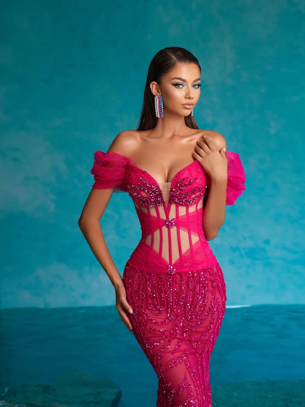 Glamorous Fuchsia Off-Shoulder Crystal-Embellished Mermaid Prom Dress 2026  Elegant Cutout Evening Carpet Dress