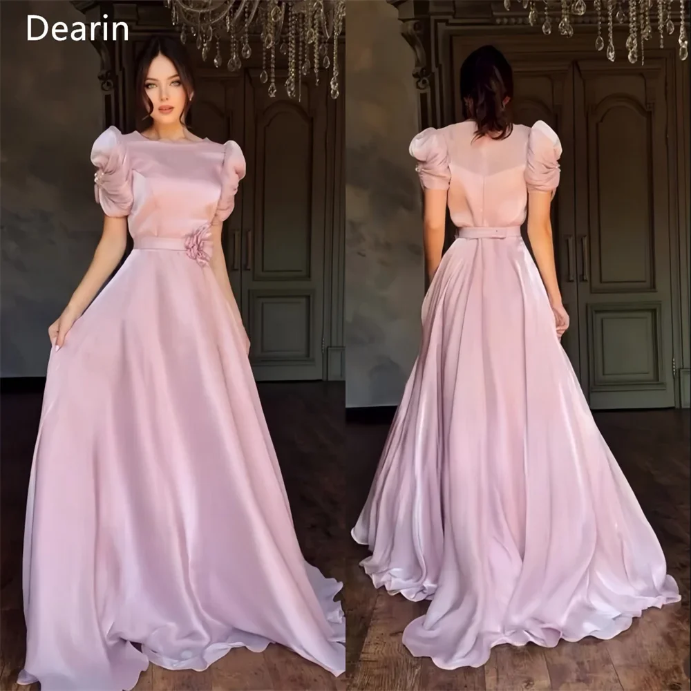 

Customized Prom Gown Dearin Scoop Neckline A-line Floor Length Skirts Draped Flower Waist Ruffle Bespoke Occasion Dresses Saudi