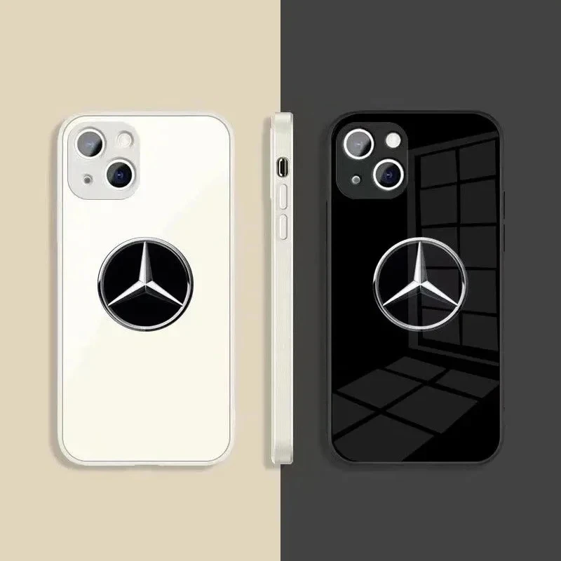 Black White Mirror Face Glass Hard Phone Case For Mercedes Benz iPhone 16 15 14 13 12 11 ProMax Plus X XS Pro Max Car Logo Cover