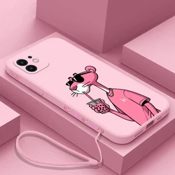 Capa de telefone dos desenhos animados para iphone 15 14 13 12 11 pro max mini x xr xsmax 8 7 plus rosas panteras capa de silicone macio com alça de mão