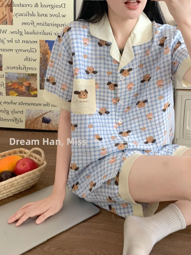 

Летние женские пижамы в клетку с медведем ort Sve ort Pants, домашняя одежда из чистого хлопка, милые пижамы для девочек с героями мультфильмов