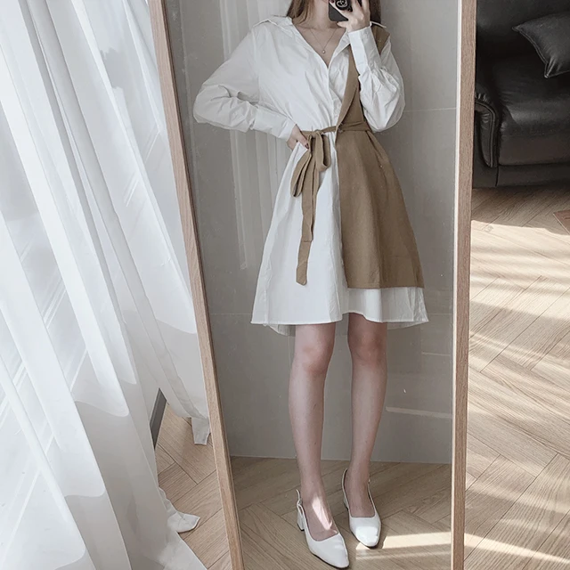 Coreano Sle Patchwork irt Dr mujer Regular Fit primavera Otoño Invierno Dr Casual ropa de calle al aire libre leva fecha