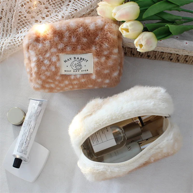 New Deer Patterned Plush Coin Purse Large Capacity Makeup Bag Travel Organizer Lipstick Case Pencil Case Sanitary Pad Pouch