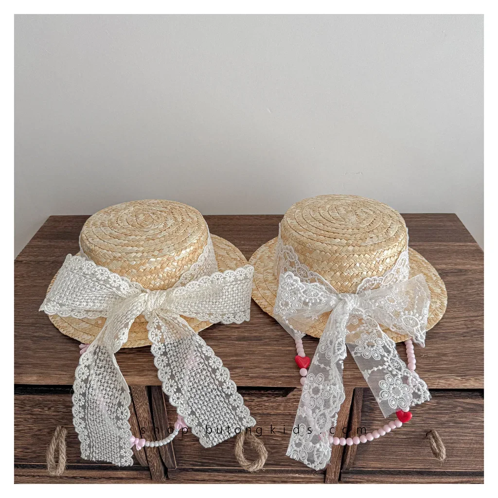 

Summer Beach Sun Hat Kids Paper Straw Boater Hat with Lace Bow Windproof Chain Pink Bow or Red Heart Beads Princess Style Hat