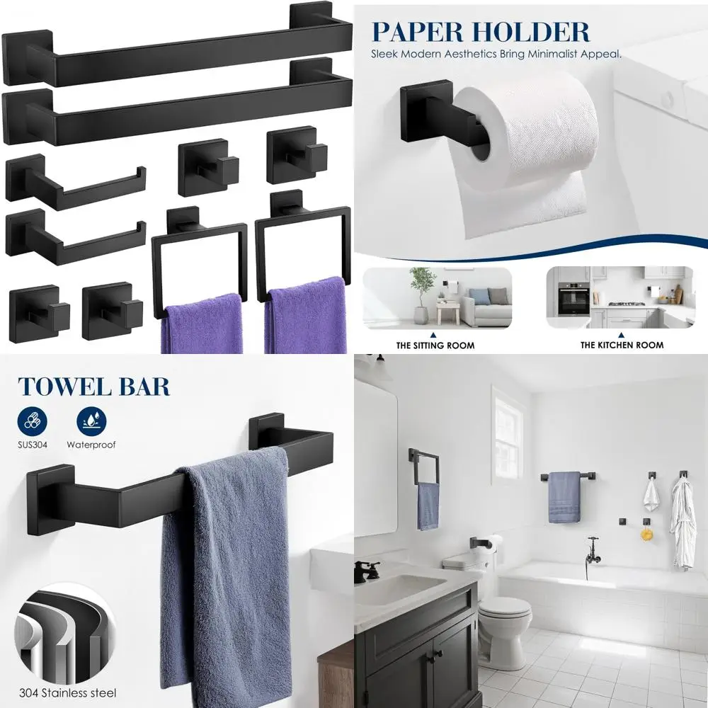 

Stainless Steel 10-Piece Towel Rack Set - Matte Black Bathroom Accessory Collection, SUS304 Stain Resistant for Modern Home Deco