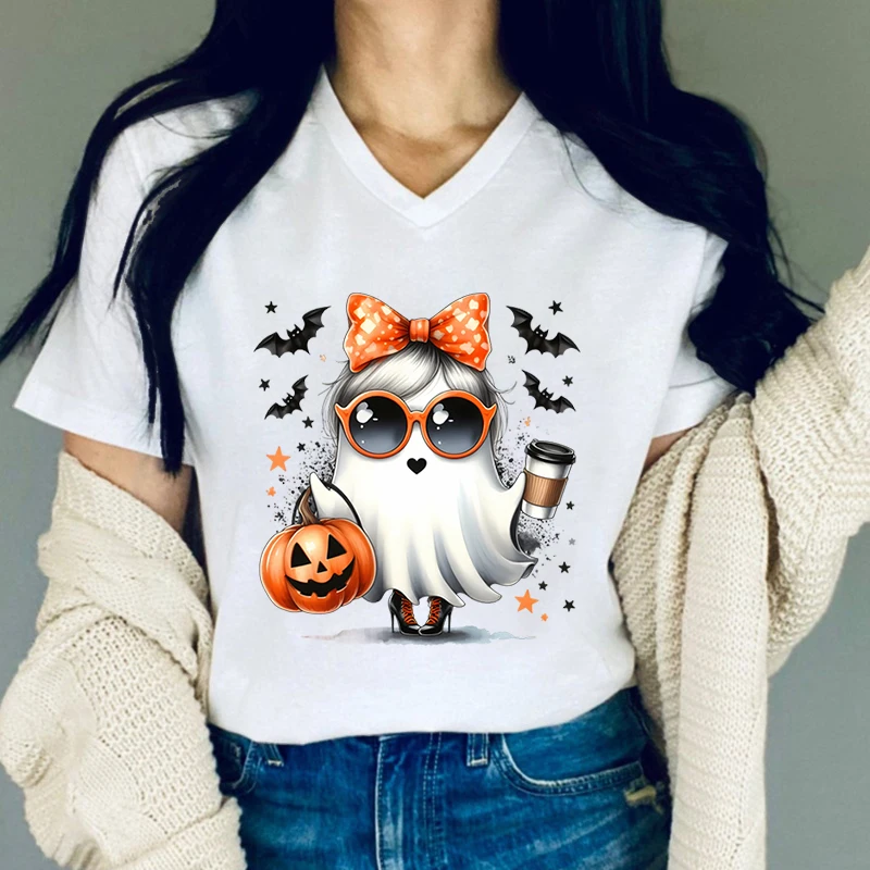 Halloween Ghost Graphic T Shirts Women Pumpkin Coffee Lovers T-shirt Fashion Ghost Print Woman Funny Halloween Casual T-shirts