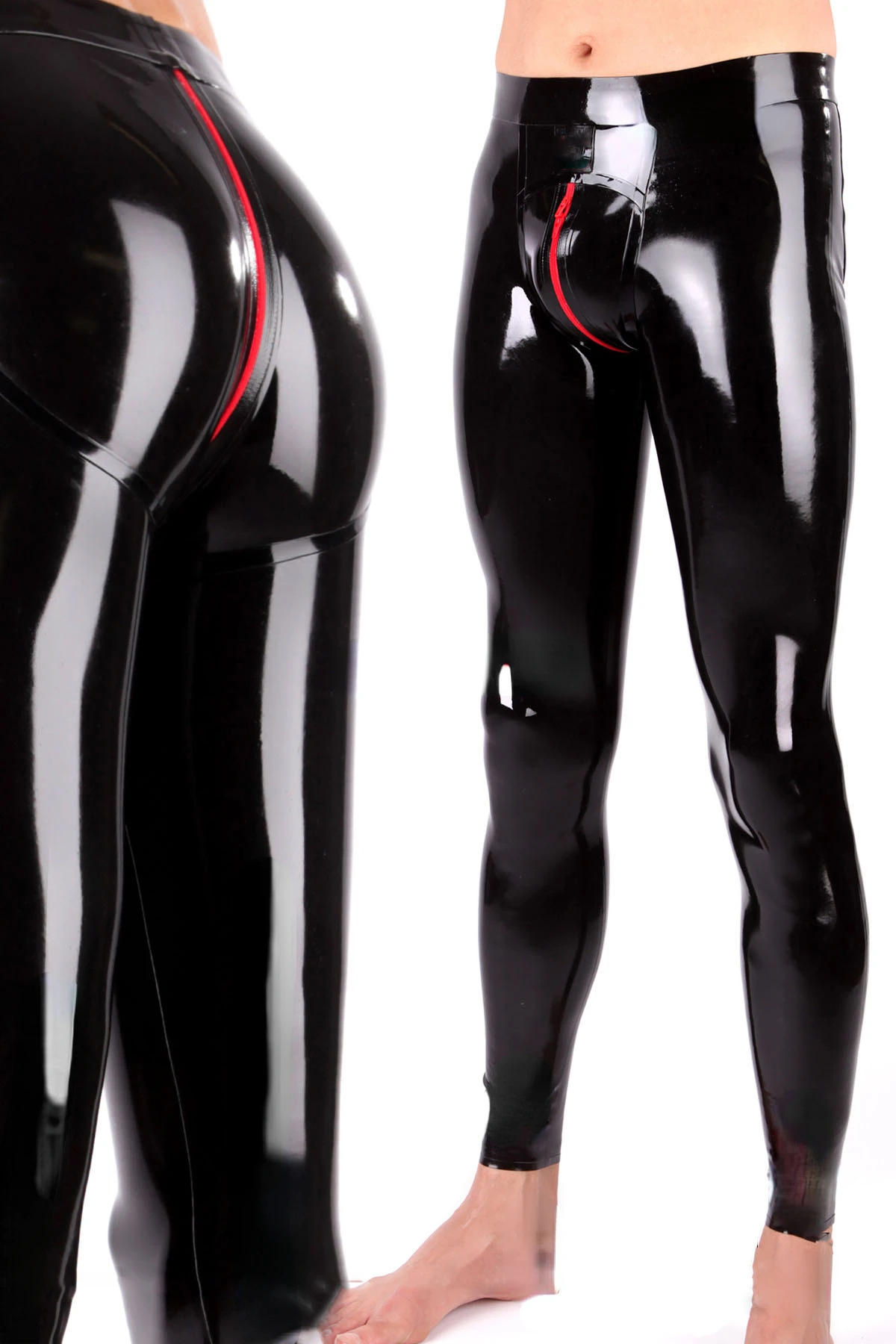 Men\'s Latex Trousers with 3D Crotch and 3D Hip Cut, Featuring Dual-Zip Design