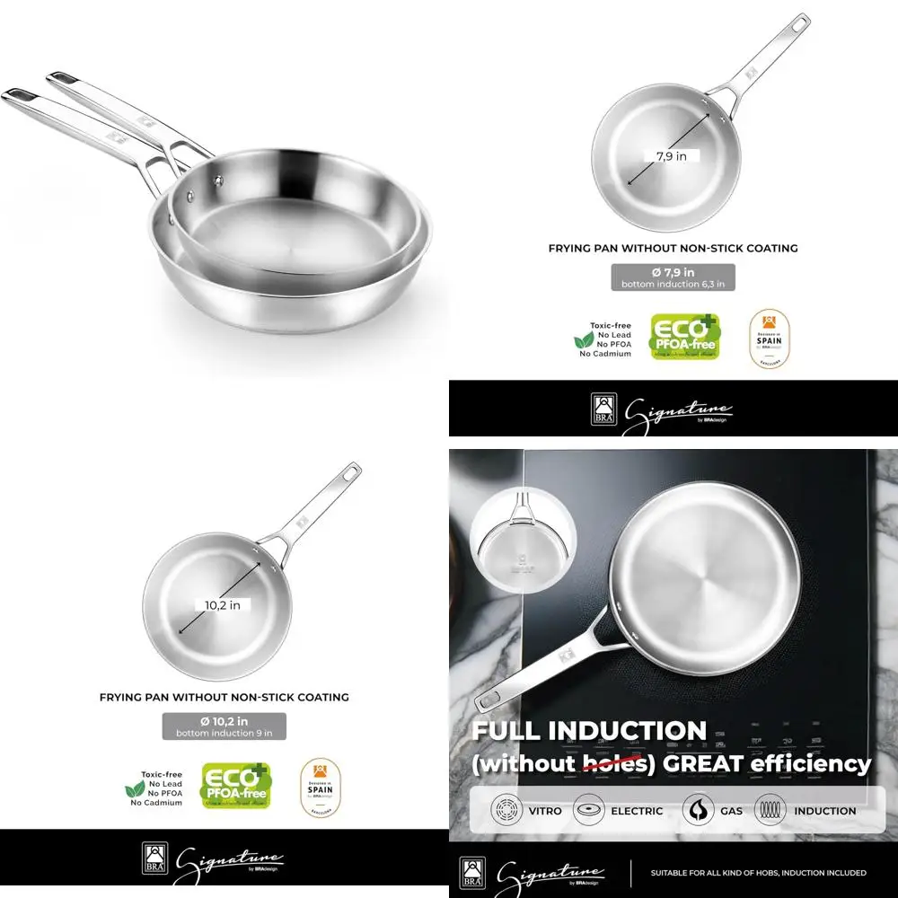 

Professional Stainless Steel Frying Pan Set - 8 and 10.2 Inches Skillets for All Stovetops, Perfect for Cooking and Baking