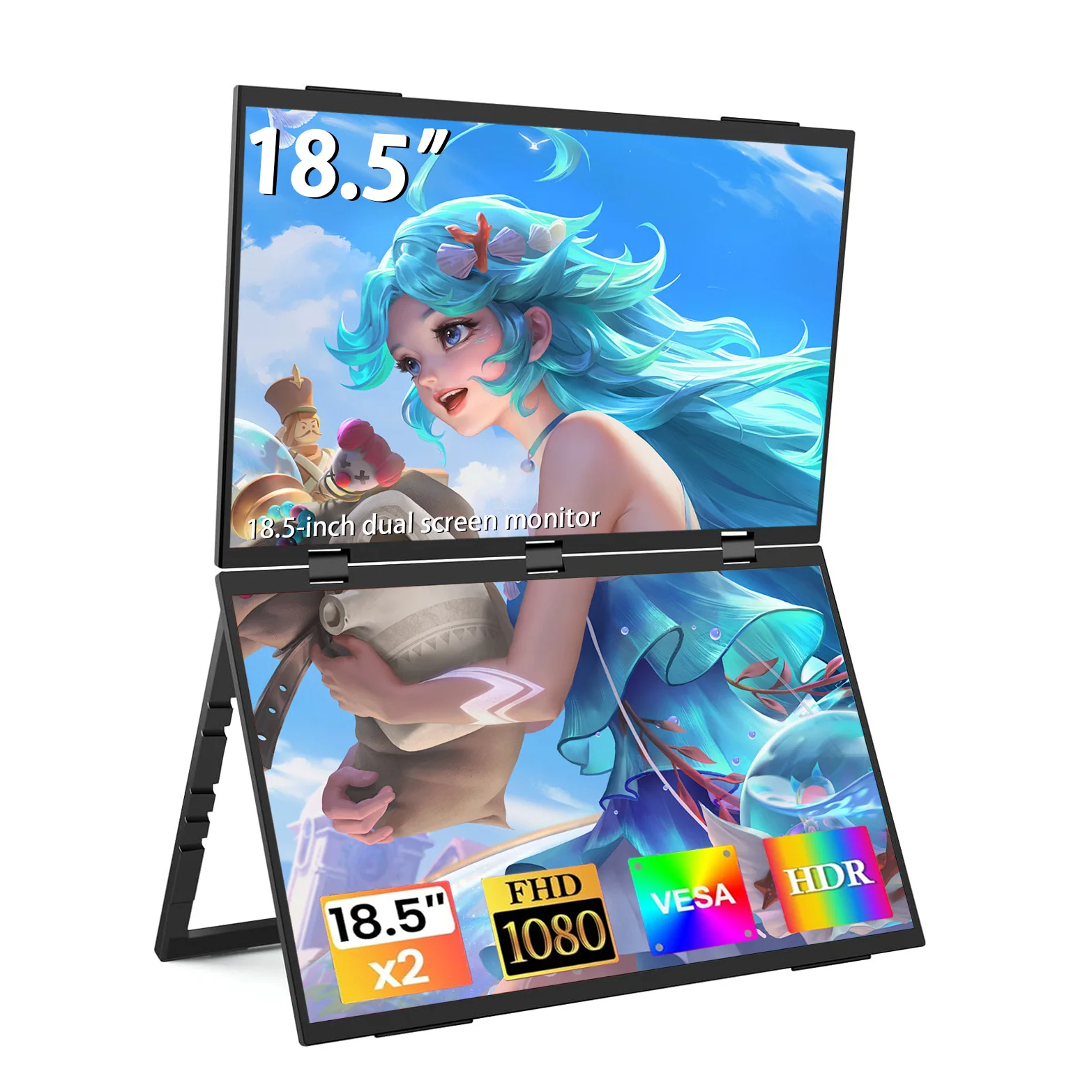 

AHXJKA 18.5" 100Hz Dual Portable Monitor 1080P HDR 180° Automatic Rotation Triple Folding Stacked Laptop Screen Extender PC TV