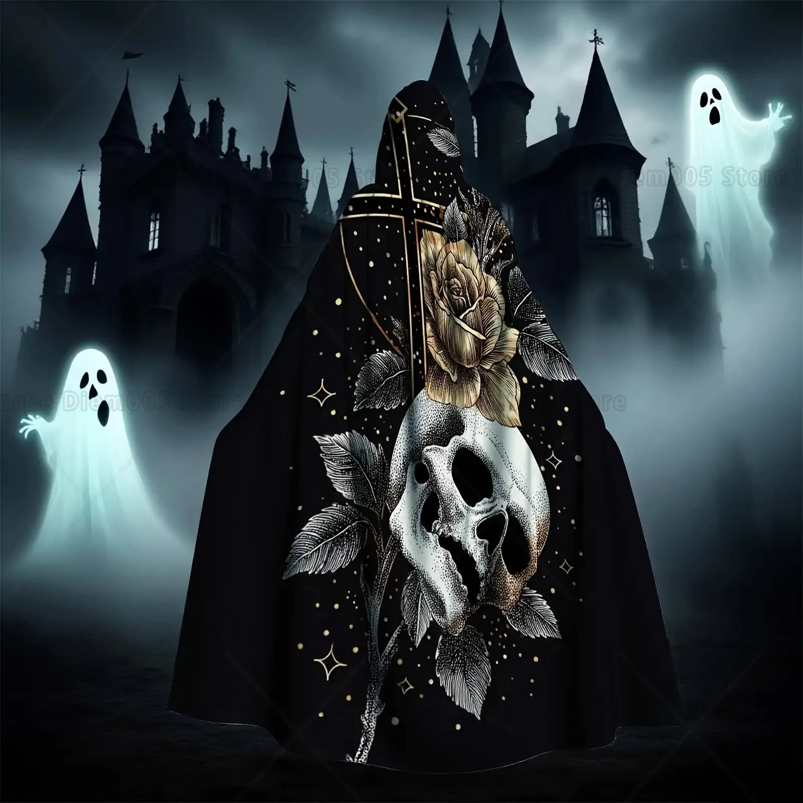 1pc Gothic Hooded Cape with White Skull Rose Print Black Golden Vampire/Witch/Wizard Costume Cloak Machine Washable