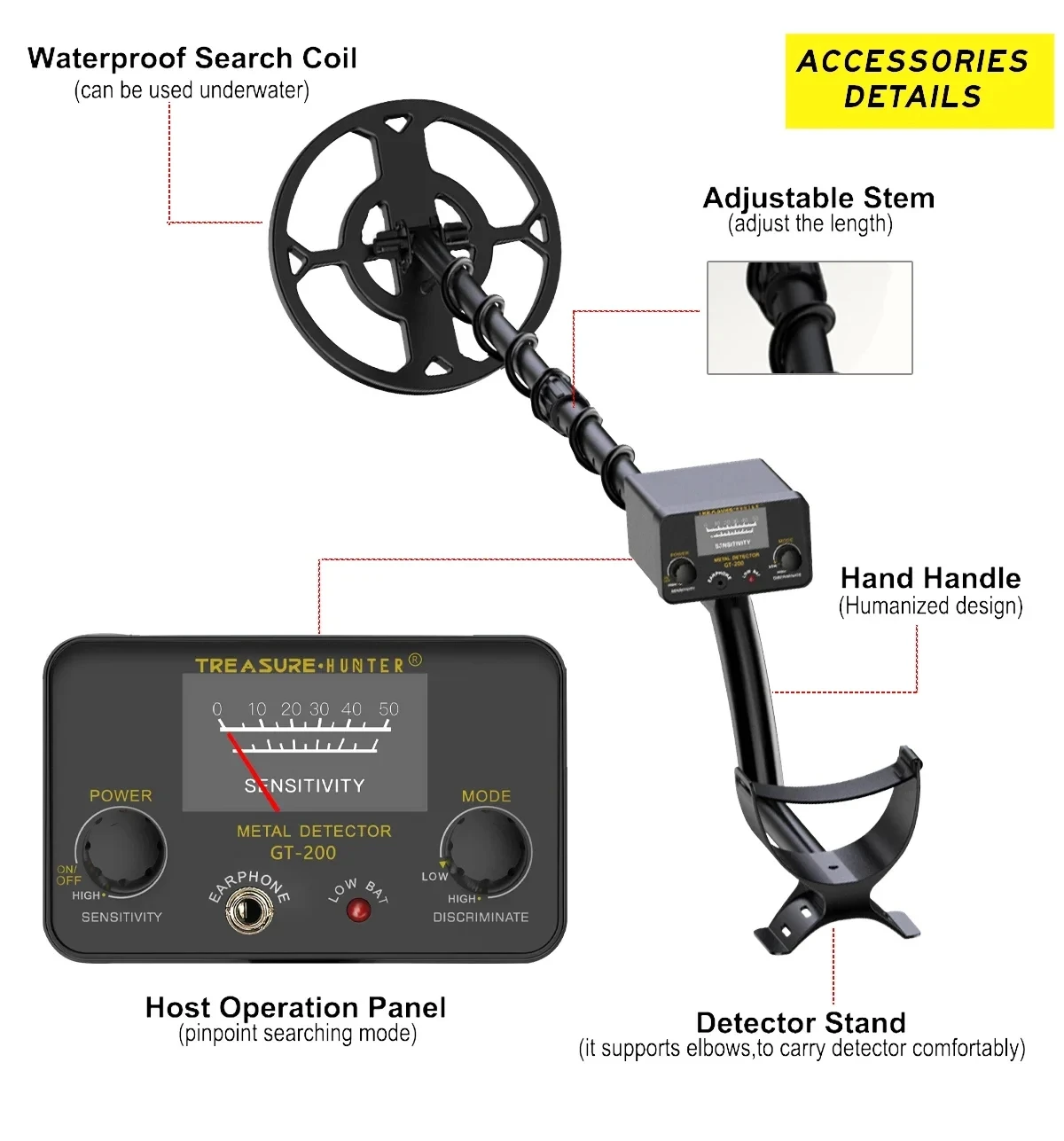 Treasure Hunter GT200 Metal Detector Professional High Sensitive Underground Iron Metal Gold Detector Adjustable IP68 Waterproof