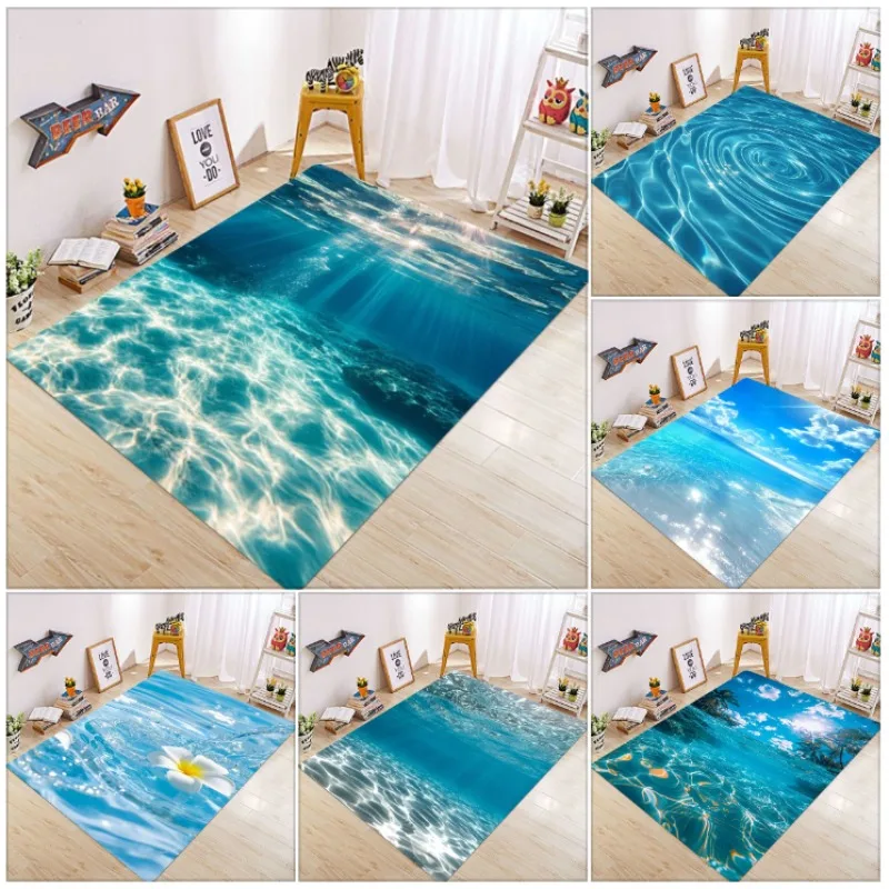 Ocean Water Wave Carpet Mat Rug 3D Effect Blue Sunlight Beach Non-Slip Durable Home Decoration Living Room Kids Room Floor Mat