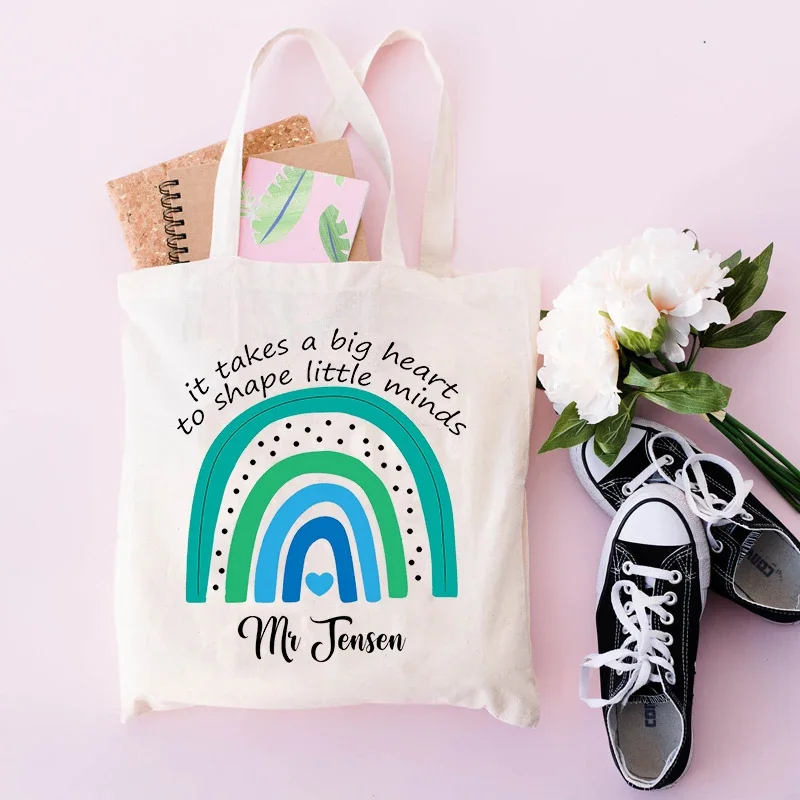 Personalised Rainbow Shopping Bag Eco Harajuku Aesthetic School BagsTeacher Gifts Teacher Shoulder Bag Custom Name Women Canvas