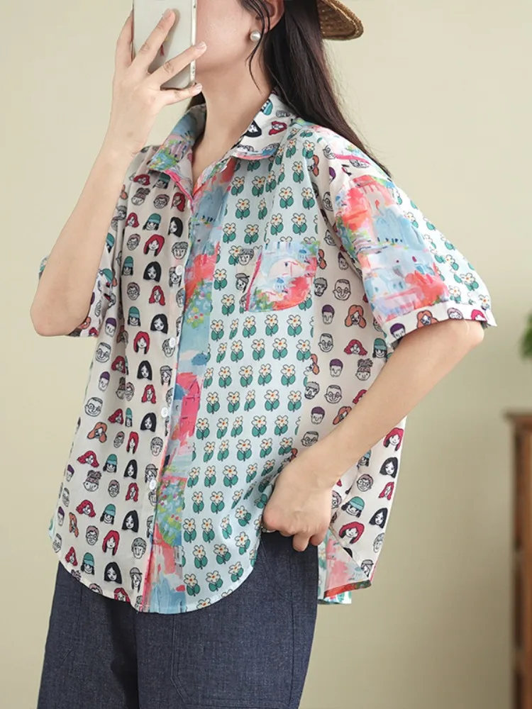 

Женский топ с мультяшным принтом в стиле ретро, летний модный свободный повседневный топ Ne ort Sve, универсальный топ из смеси хлопка