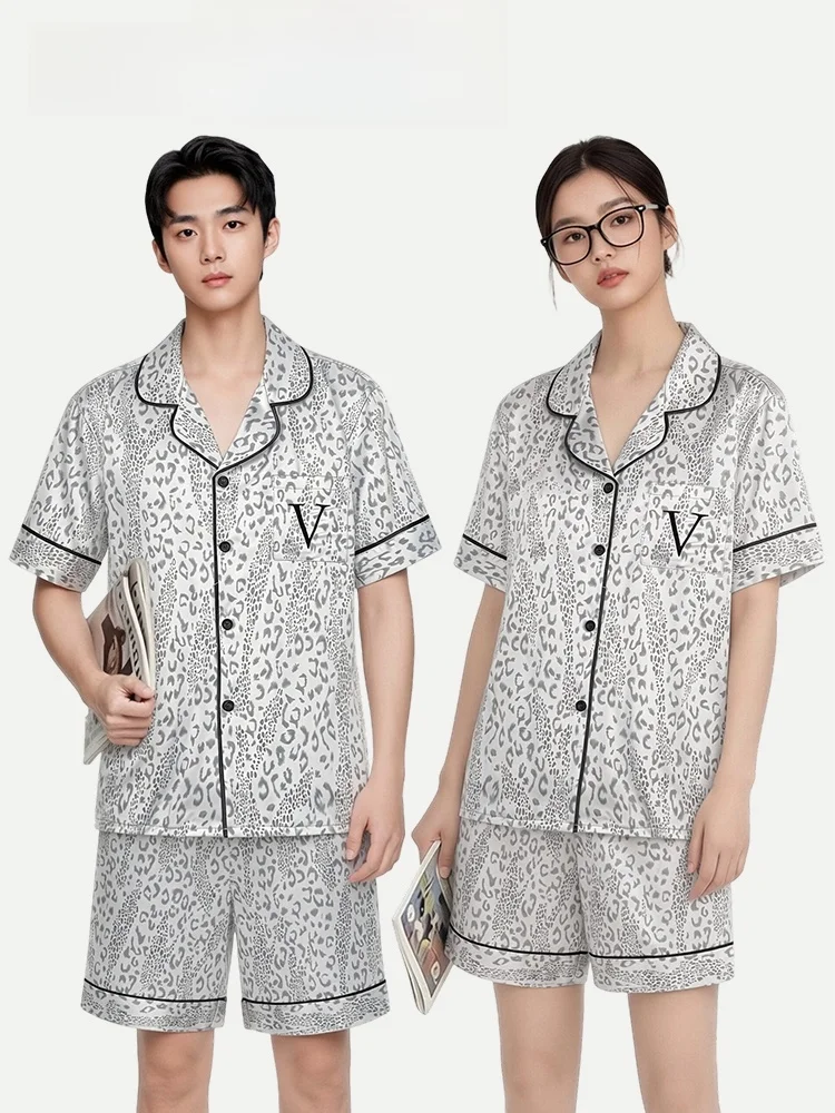 

Couple's Ice Silk Sleepwear Short Sleeve Home Clothes Men's Outerwear Summer Cool Feeling Leopard Print Pajamas Loose Fit Hom...
