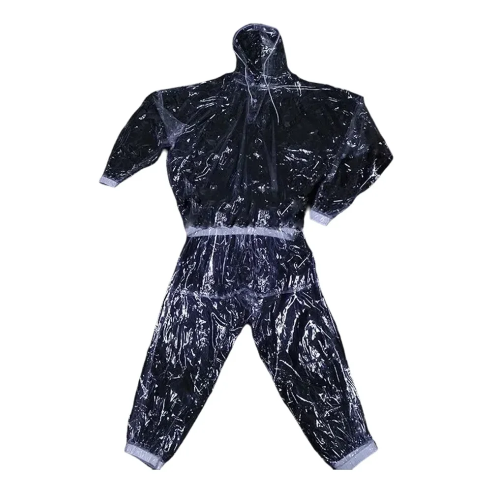

2-piece Men Women Set See Through Plastic Hooded T-shirt Pants Rainproof Long Sleeve Hoodie Trouser Waterproof Costumes
