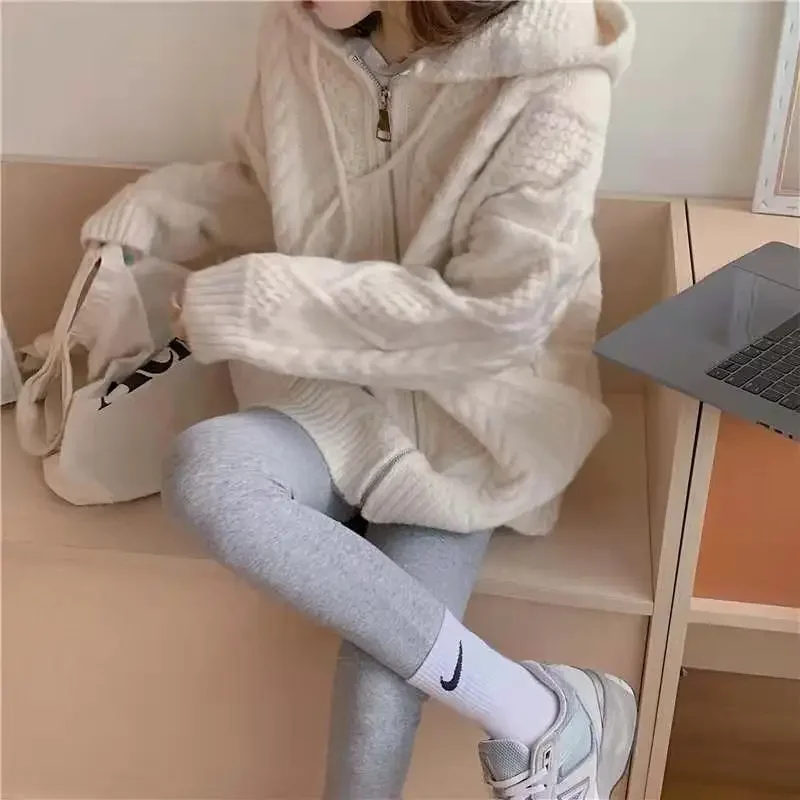 Spring Autumn 2024 New Style Korean Vintage Loose Fit Hooded Knit Sweater Women's Outerwear Pullovers Cardigan Jacket