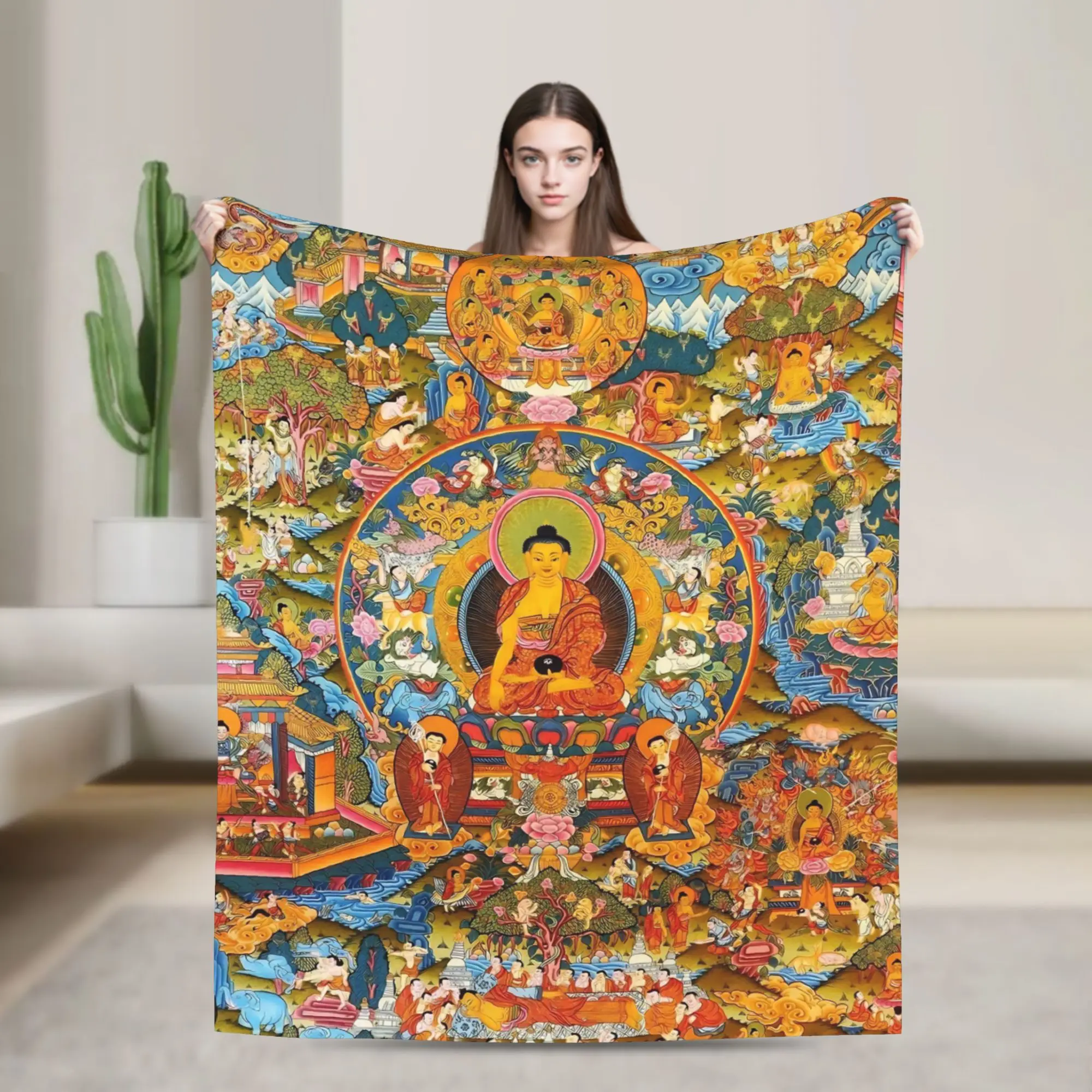 Buddha Tibetans Thangka Peaceful Blankets Y2K Harajuku Flannel Novelty Breathable Throw Blanket for Home Restaurant Summer