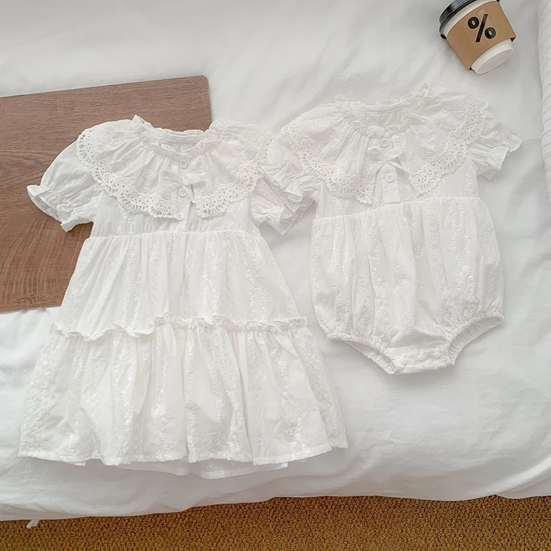 Gaun Adik Baru Musim Panas 2025 Gaun Putri Anak Gaun Renda Pesta Anak Perempuan 2-6 Tahun Baju Monyet Bayi Perempuan Bordir Katun Adik