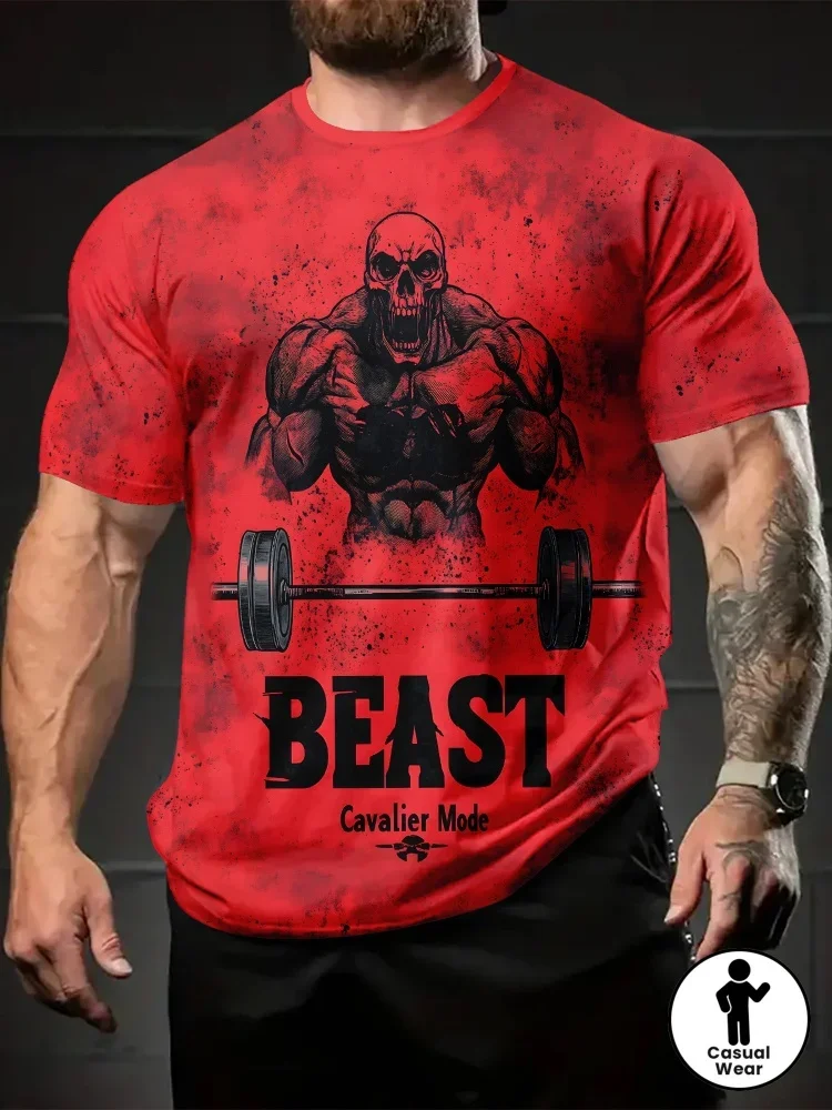2026 New Beast Muscular Skull Barbell Print Men T-shirt Breathable Gym Workout Sports Top Fitness Tee Summer Casual Short Sleeve