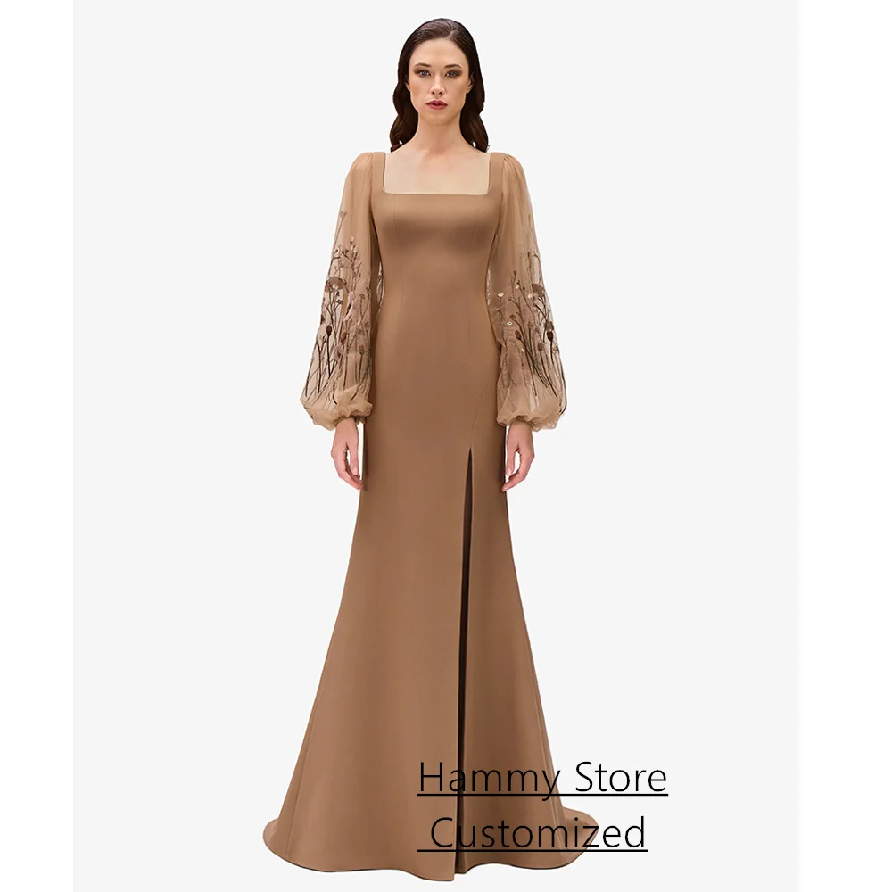 

Классическое вечернее платье русалки с пышными рукавами, индивидуальное платье с квадратным вырезом и скользящим шлейфом на молнии сзади, платье для выпускного вечера в Саудовской Аравии, вечерние