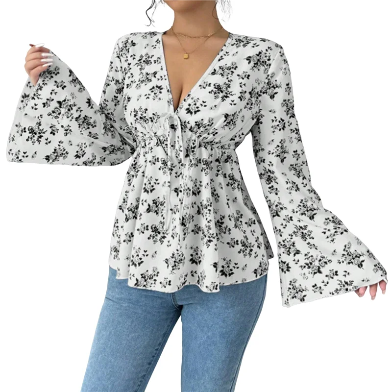 NEW-Women's Floral Print Blouse Long Sleeve Babydoll Shirt Deep V Neck Peplum Top