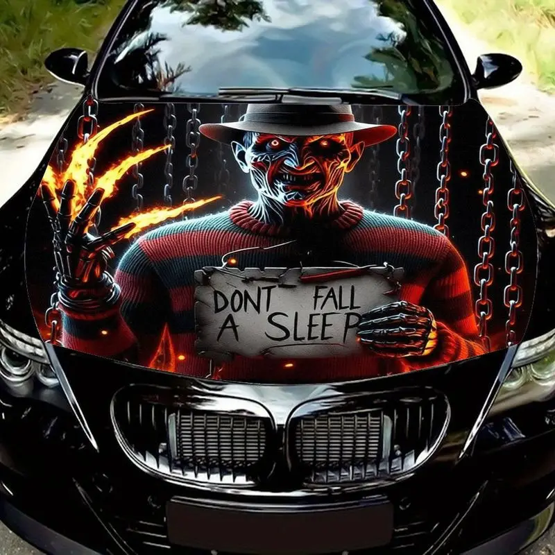 

Freddie Kruger car hood decal showing a fearfully twisted face and clawed hands, accompanied by the "Don't fall asleep" message