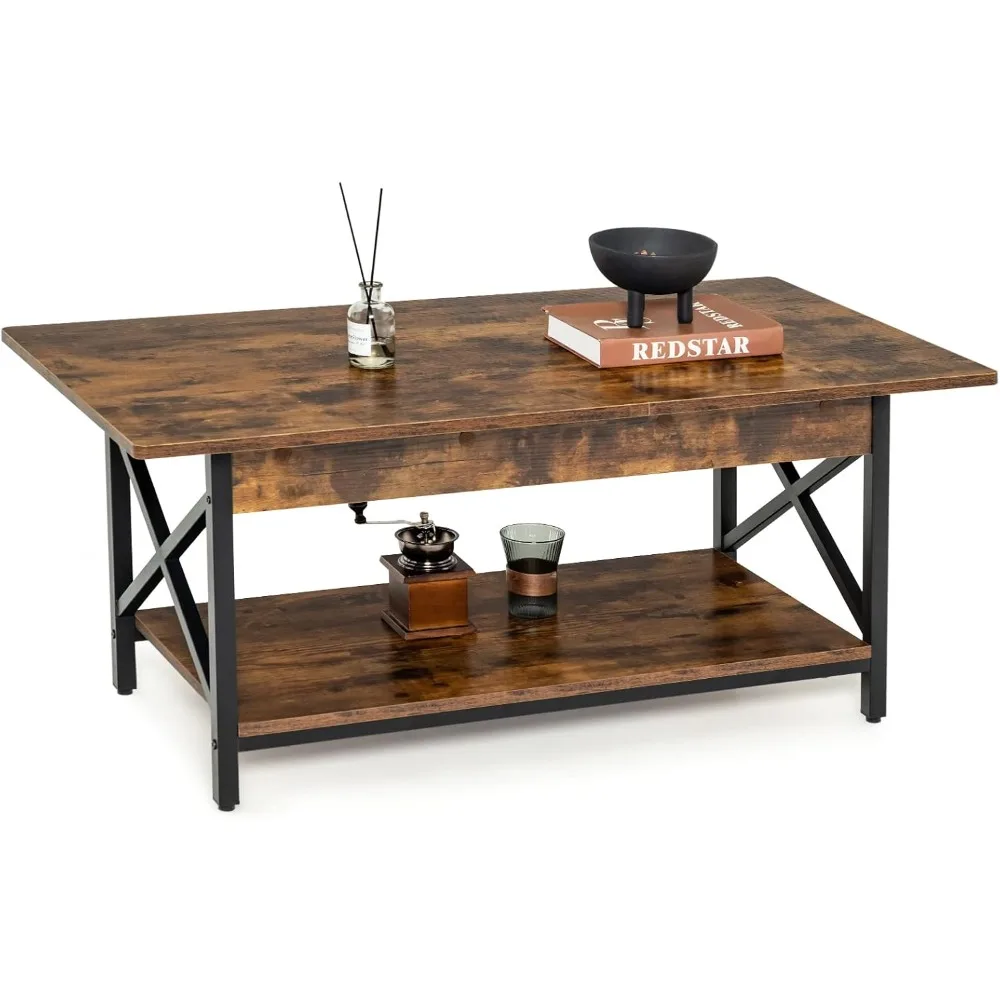 

Industrial Coffee Table, 2-Tier Wood Cocktail Tea Table with Storage Shelf and X-Shape Steel Frame, Rectangle Sofa Side