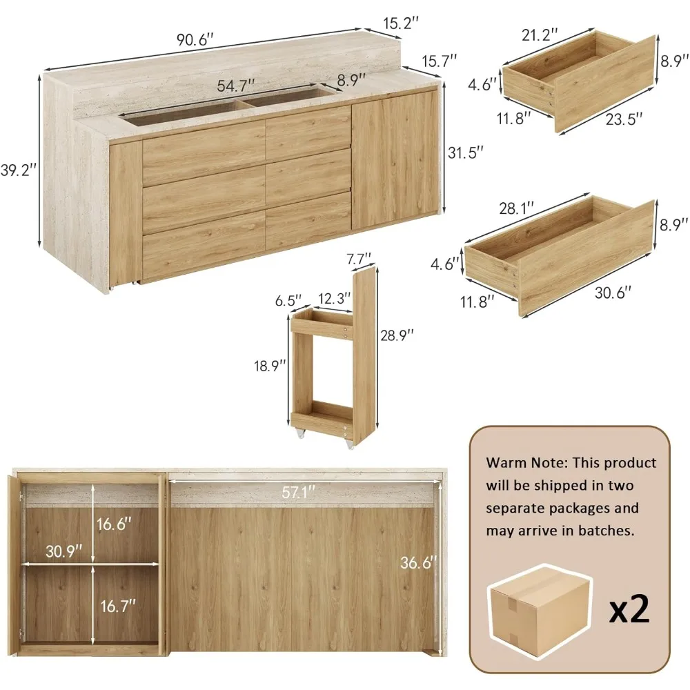 جزيرة مطبخ على سطح الطاولة بطبقة مزدوجة مع خزانة تخزين وأرفف قابلة للتعديل، تتميز بـ 6 أدراج