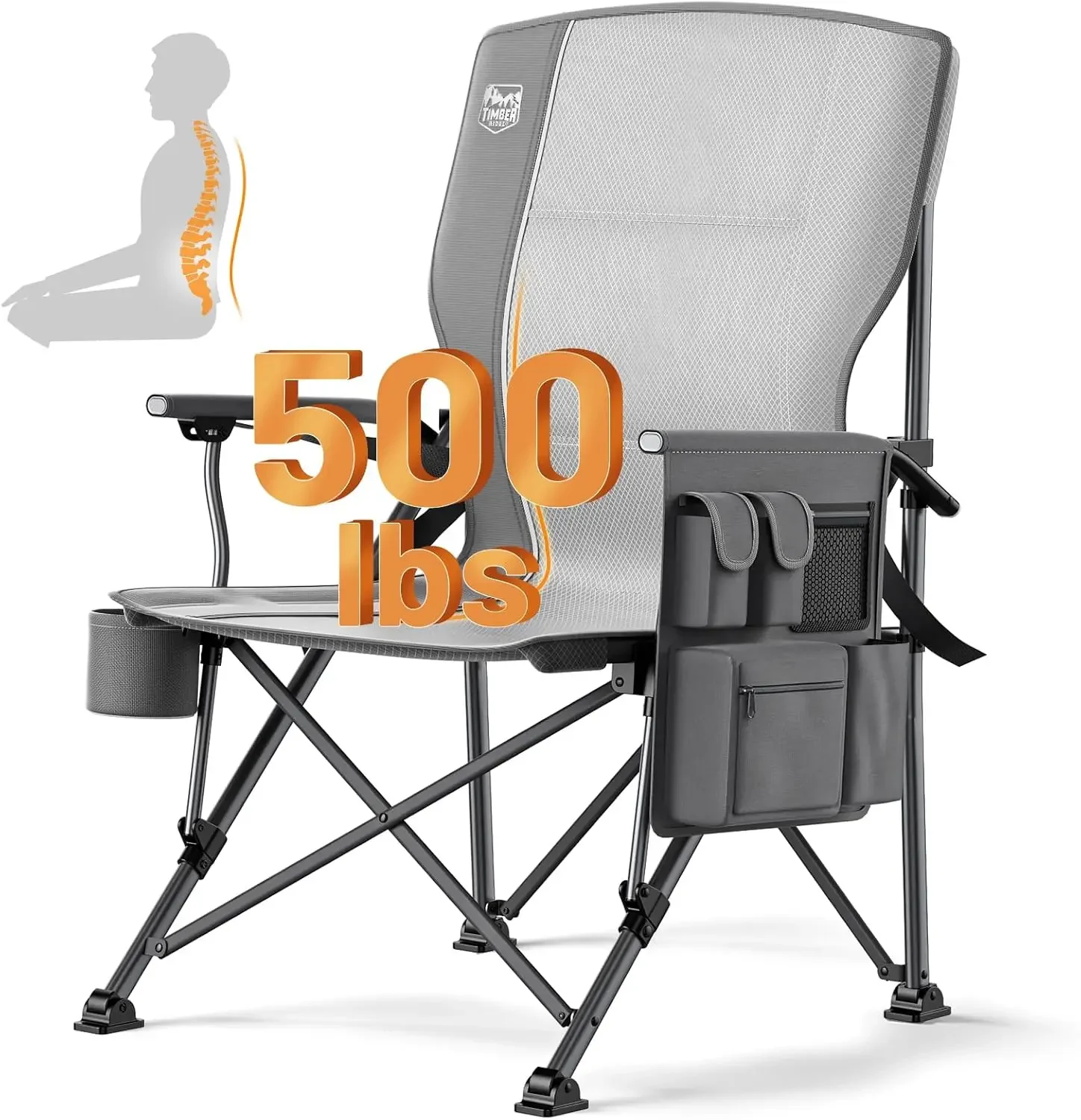 Oversized Folding Camping Chair with Lumbar Support Adjustable High Back Heavy Duty for Adults Aluminum Support up