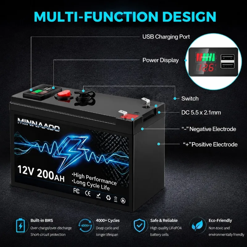 12V 200Ah Lithium-Ion Battery for RV Power Supply, LED Lighting, 18650 with Charger Built-In BMS 4000+ Deep Cycle Release