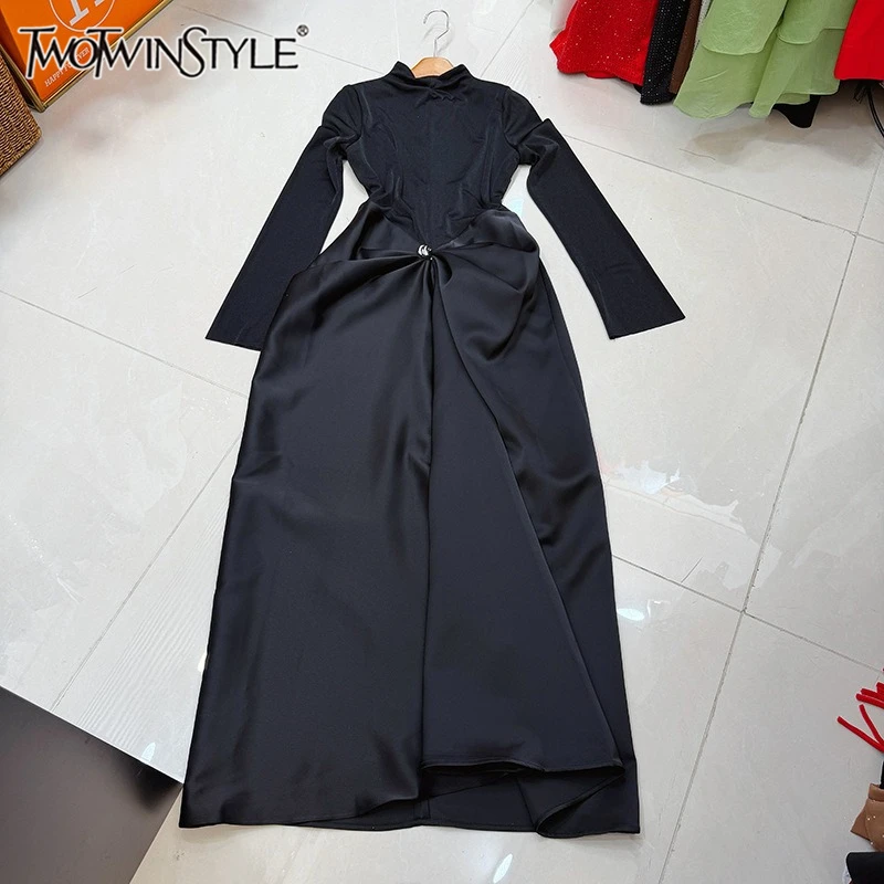 TWOTWINSTYLE High End Gatherings Black Two Piece Set for Women High Neck Slim Top Ruched Waist Midi Skirt for Elegant KSE524912