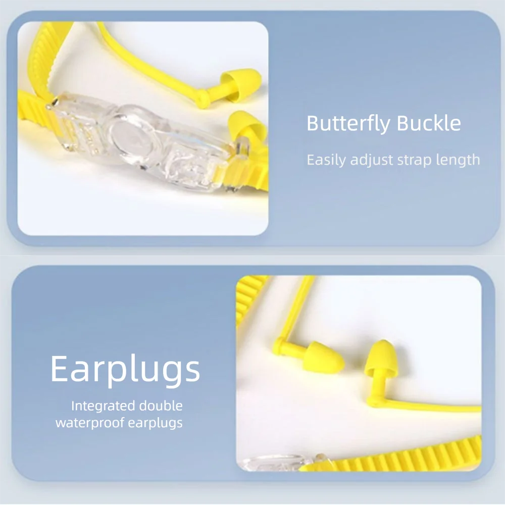 Wodoodporne okulary pływackie z dużą ramką, przeciwmgielne, z zatyczkami do uszu, regulowane, z miękkiego silikonu, dla dzieci.