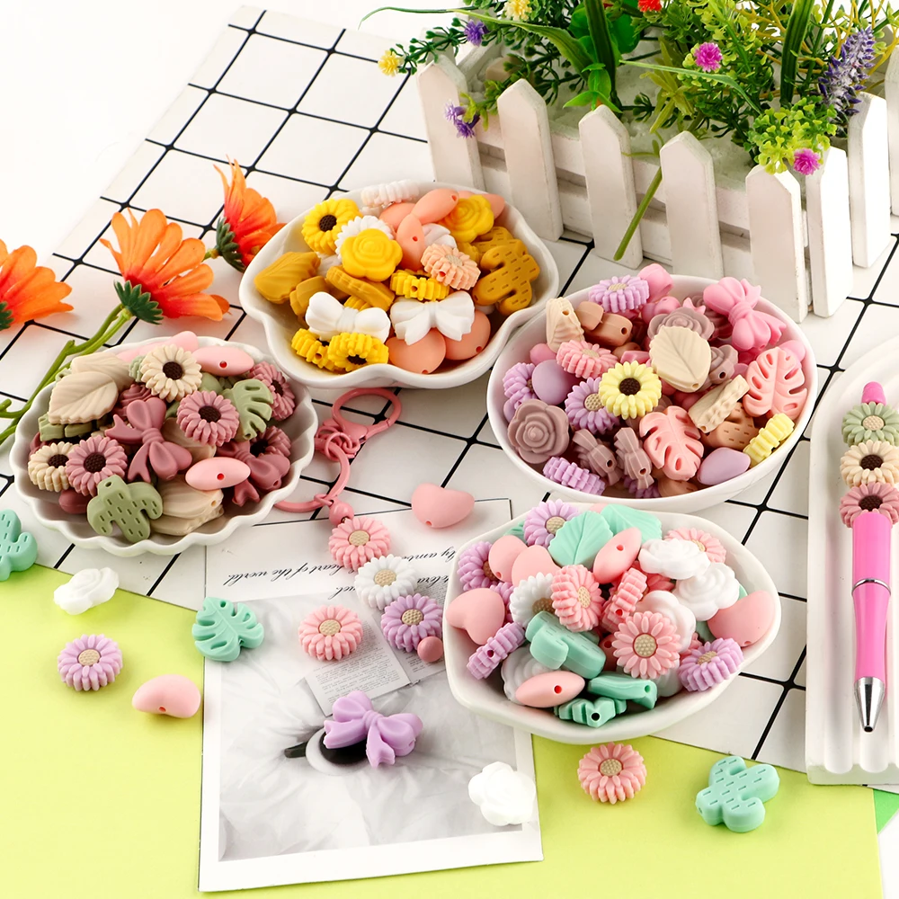 

27pcs/Lot Silicone Solid Color Flower/Leaf/Heart/Cactus/Bow Bead Mixde Set For Jewelry DIY Keychain Necklace Bracelet Accessorie
