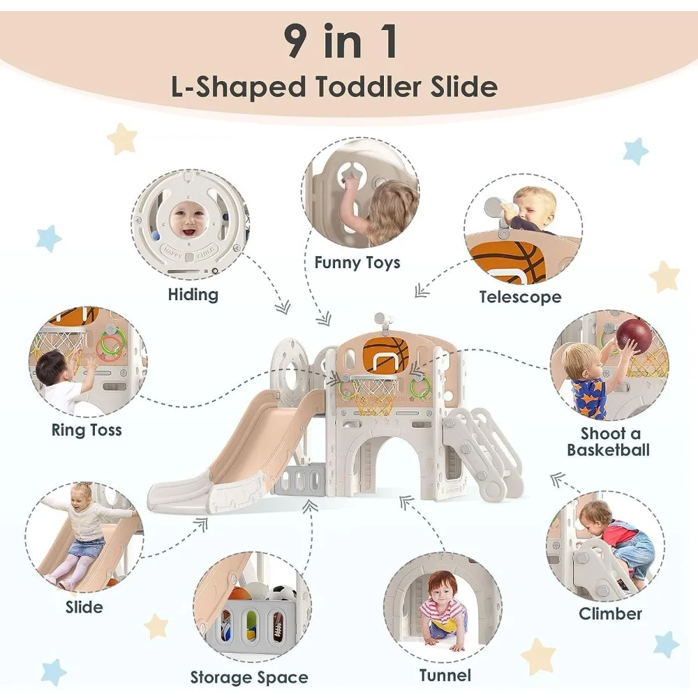 9 in 1 Toddler Slide, Kid Slide for Toddlers Age 1-3 with Ring Toss, Basketball Hoop and Telescope, Indoor Outdoor Slide Toddler