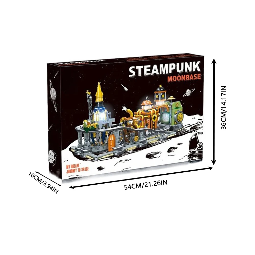 สตีมพังค์มูนเบสบล็อกอาคารชุดการบินและอวกาศโมดูลาร์สถาปัตยกรรม MOC เด็กประกอบของเล่นสำหรับเทศกาลคริสต์มาสโอกาส