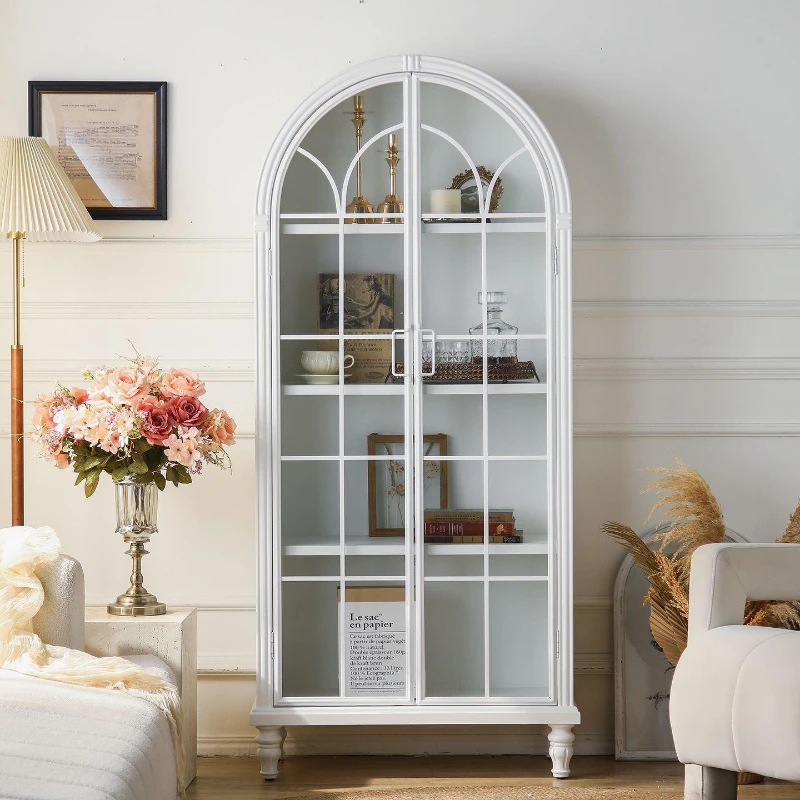 Arched solid wood glass bookcase, vintage white cream glass cabinet
